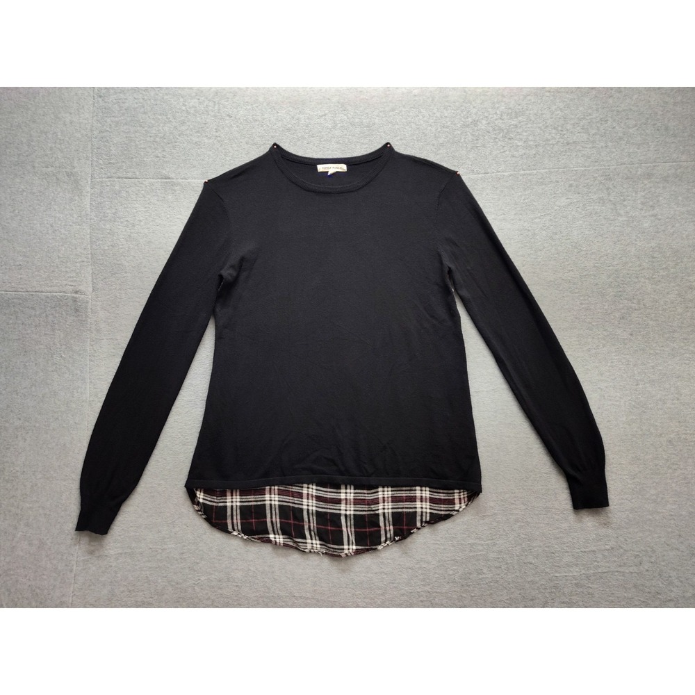 Honey Punch Women Tunic Top L Black Plaid Hem Long Sleeve Round Neck Relaxed Fit
